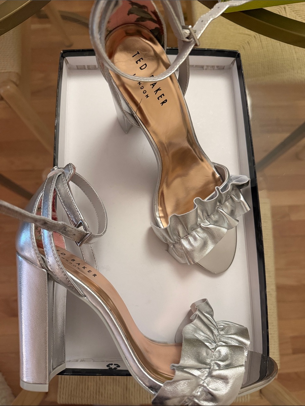 Ted Baker Silver Ruffle Ankle-Strap Block Heels